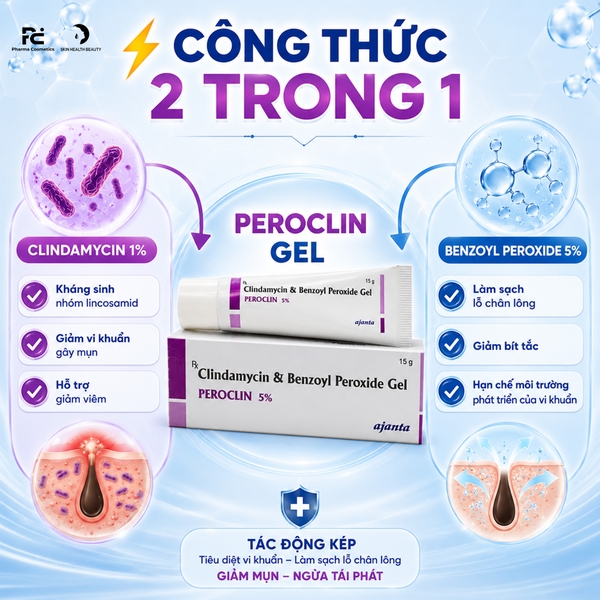 Peroclin Gel (Clindamycin-Benzoyl Peroxide Gel 5%): Giải Pháp Hỗ Trợ Điều Trị  Mụn Trứng Cá Vừa Đến Nặng Với Clindamycin & Benzoyl Peroxide