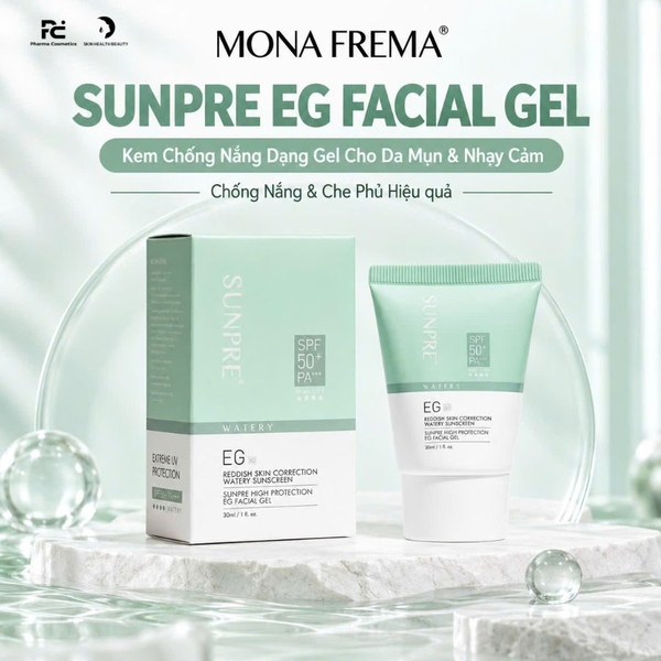 MONA FREMA SUNPRE EG FACIAL GEL: Kem Chống Nắng Dạng Gel Cho Da Mụn & Nhạy Cảm - Chống Nắng & Che Phủ Hoàn Hảo