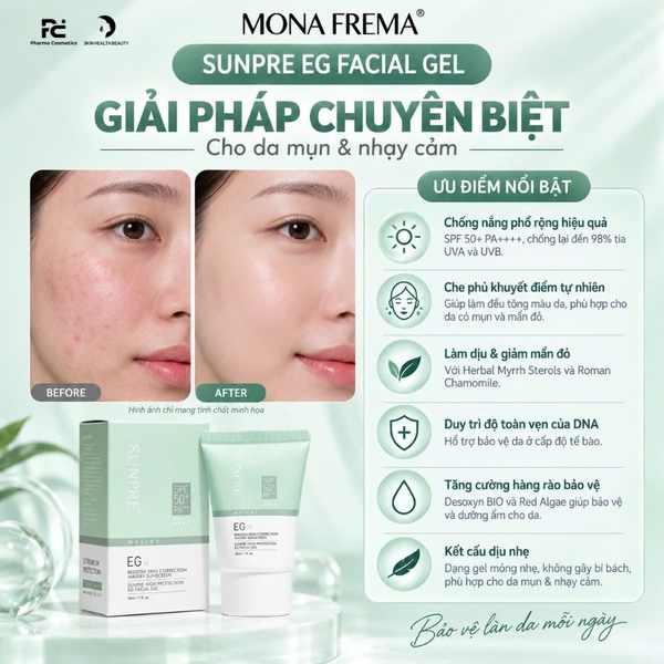 MONA FREMA SUNPRE EG FACIAL GEL: Kem Chống Nắng Dạng Gel Cho Da Mụn & Nhạy Cảm - Chống Nắng & Che Phủ Hoàn Hảo