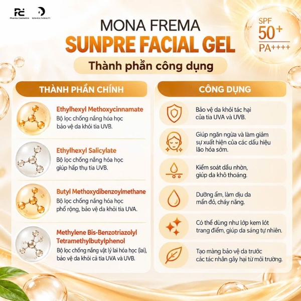 MONA FREMA SUNPRE FACIAL GEL: Kem Chống Nắng Kiềm Dầu, Bảo Vệ Da & Nâng Tông Tự Nhiên