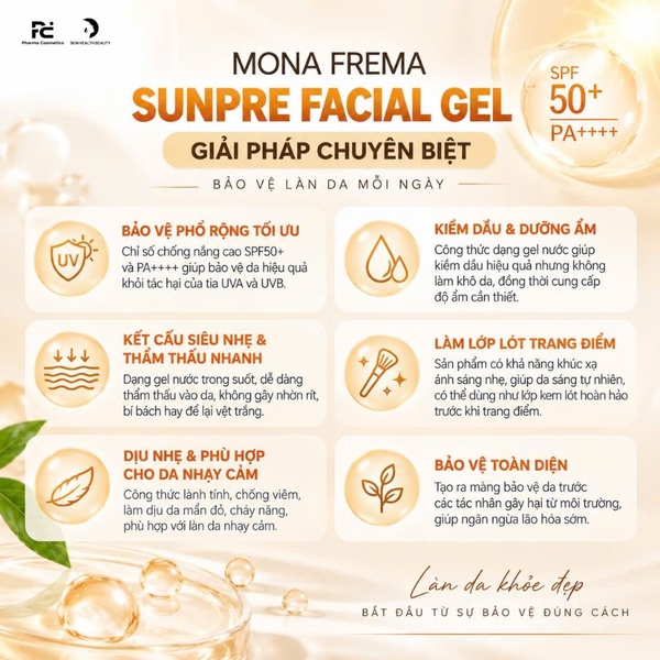 MONA FREMA SUNPRE FACIAL GEL: Kem Chống Nắng Kiềm Dầu, Bảo Vệ Da & Nâng Tông Tự Nhiên