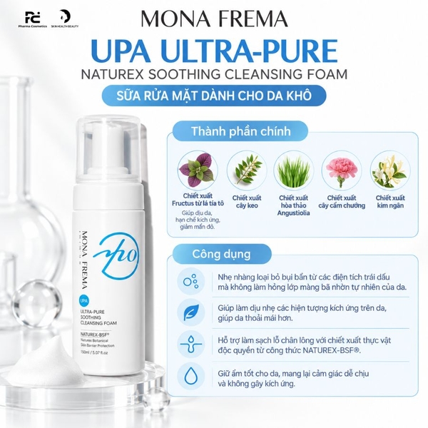 MONA FREMA UPA Ultra-Pure Naturex Soothing Cleansing Foam 150ml – Sữa rửa mặt tạo bọt dịu nhẹ cho da thường và da nhạy cảm