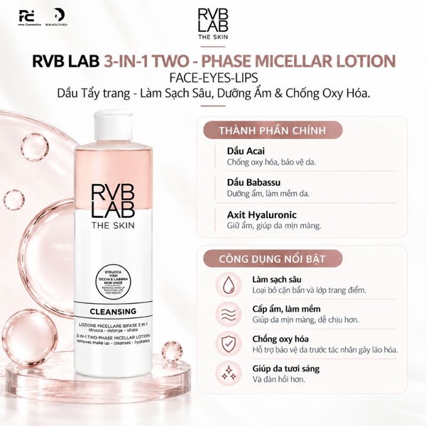 RVB LAB 3-IN-1 TWO - PHASE MICELLAR LOTION FACE-EYES-LIPS: Dầu Tẩy Trang 2 Pha - Làm Sạch Sâu, Dưỡng Ẩm & Chống Oxy Hóa