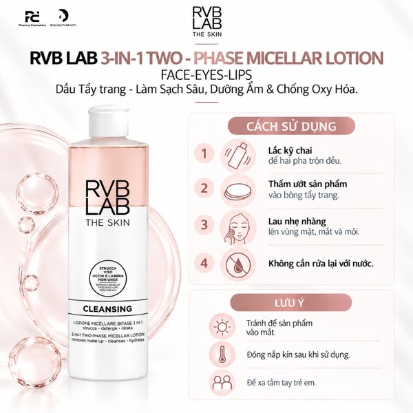 RVB LAB 3-IN-1 TWO - PHASE MICELLAR LOTION FACE-EYES-LIPS: Dầu Tẩy Trang 2 Pha - Làm Sạch Sâu, Dưỡng Ẩm & Chống Oxy Hóa