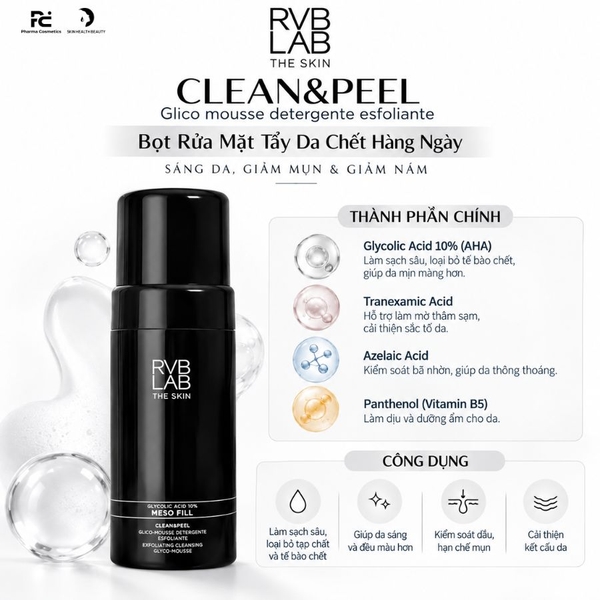 RVB LAB CLEAN&PEEL Glico mousse detergente esfoliante: Bọt Rửa Mặt Tẩy Da Chết Hàng Ngày - Sáng Da, Trị Mụn & Giảm Nám