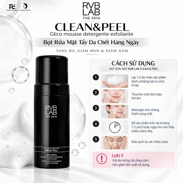 RVB LAB CLEAN&PEEL Glico mousse detergente esfoliante: Bọt Rửa Mặt Tẩy Da Chết Hàng Ngày - Sáng Da, Trị Mụn & Giảm Nám