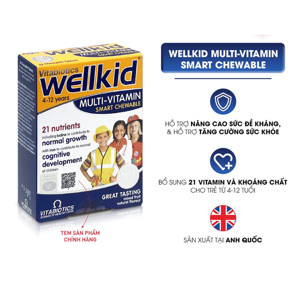VITABIOTICS WELLKID MULTI-VITAMIN SMART CHEMABLE / VIÊN NHAI TĂNG CƯỜNG SỨC KHỎE, ĐỀ KHÁNG