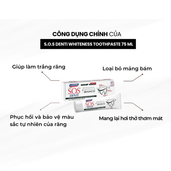 S.O.S DENTI WHITENESS TOOTHPASTE / KEM ĐÁNH RĂNG HỖ TRỢ LOẠI BỎ MẢNG BÁM