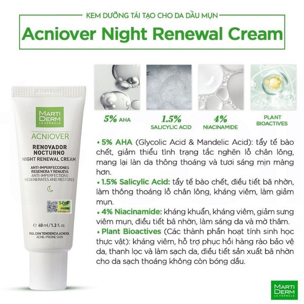 MARTIDERM ACNIOVER NIGHT RENEWAL CREAM / KEM DƯỠNG TÁI TẠO BAN ĐÊM CHO DA DẦU MỤN