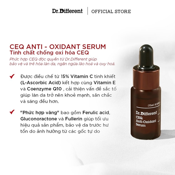 Dr.Different CEQ Anti-Oxidant Serum – Tinh Chất Phức Hợp Vitamin C 15%, E Và CoQ10 Hỗ Trợ Dưỡng Sáng, Làm Mờ Thâm Sạm Và Tăng Độ Đàn Hồi