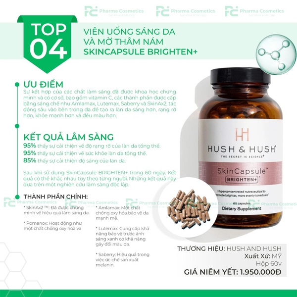 HUSH & HUSH SkinCapsule BRIGHTEN +/ VIÊN UỐNG SÁNG DA VÀ MỜ THÂM NÁM (THUẦN CHAY)
