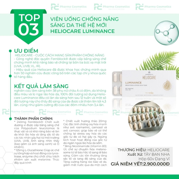 HELIOCARE LUMINANCE BRIGHTENS & EVENS SKIN TONE / VIÊN UỐNG TRẮNG DA, MỜ THÂM NÁM (THUẦN CHAY)