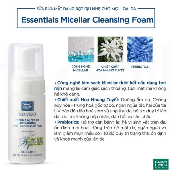 MARTIDERM ESSENTIALS MICELLAR CLEANSING FOAM / SỮA RỬA MẶT DẠNG BỌT DỊU NHẸ CHO MỌI LOẠI DA