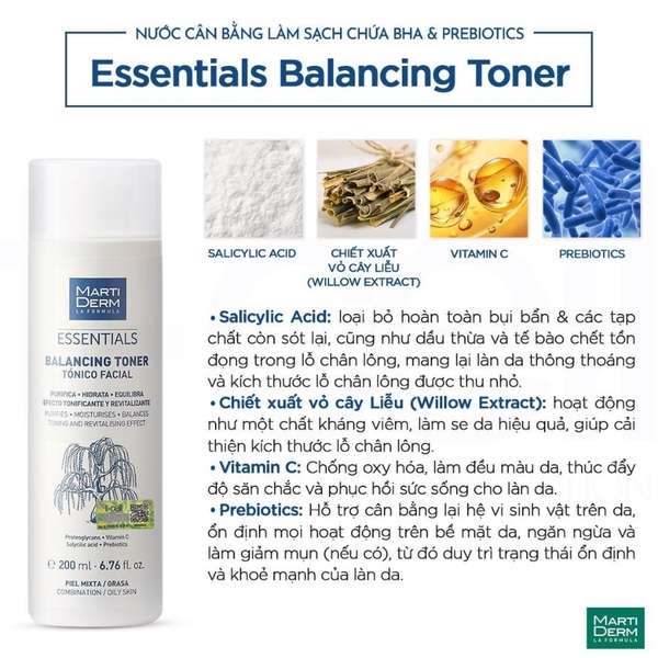 MARTIDERM ESSENTIALS BALANCING TONER: Nước Cân Bằng Chứa BHA & Prebiotics, Sạch Sâu & Phục Hồi Da