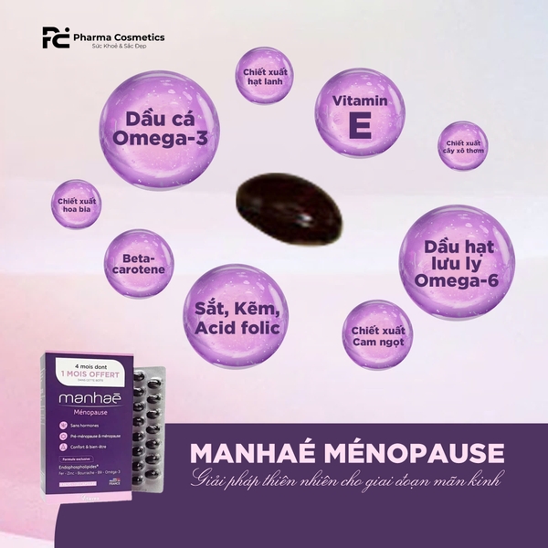 MANHAÉ MÉNOPAUSE: Viên Uống Hỗ Trợ Nội Tiết Tố Nữ Pháp - Giảm Bốc Hỏa, Khô Hạn & Làm Chậm Lão Hóa