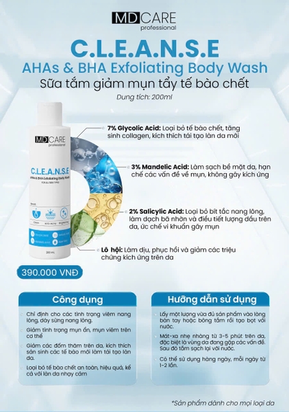 MDCARE AHAS & BHA EXFOLIATING BODY WASH / SỮA TẮM GIẢM  MỤN & TẨY TẾ BÀO CHẾT