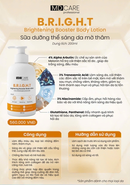MDCARE BRIGHTENING BOOSTER BODY LOTION / SỮA DƯỠNG THỂ SÁNG DA MỜ THÂM
