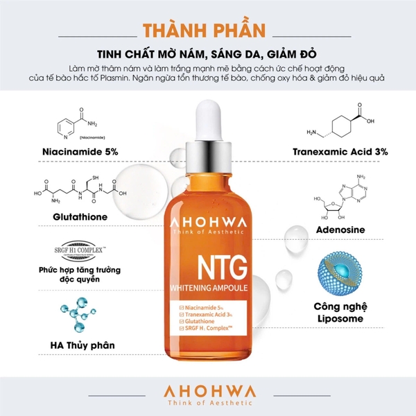 AHOHWA NTG WHITENING AMPOULE / TINH CHẤT ĐIỀU TRỊ NÁM, GIẢM ĐỎ, DƯỠNG TRẮNG, KIỂM SOÁT TĂNG SẮC TỐ 