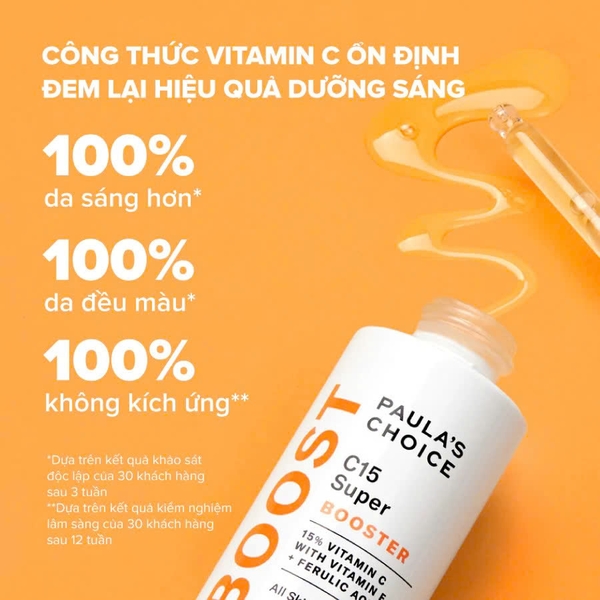 Paula’s Choice C15 Super Booster: Tinh Chất Sáng Da, Mờ Thâm Nám & Cải Thiện Nếp Nhăn Với 15% Vitamin C