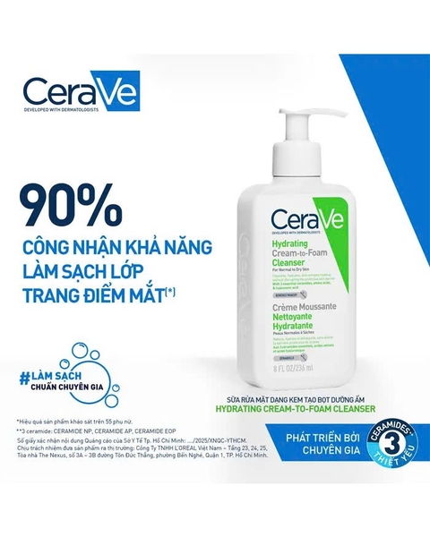 CERAVE HYDRATING CREAM-TO-FOAM CLEANSER: Sữa Rửa Mặt Tẩy Trang 2-trong-1 Dịu Nhẹ, Dành Cho Da Thường Đến Da Khô