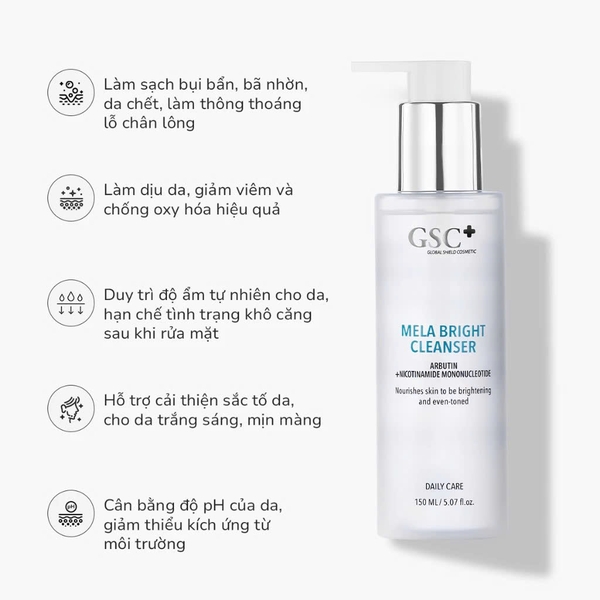 GSC MELA BRIGHT CLEANSER: Sữa Rửa Mặt Dịu Nhẹ - Dưỡng Sáng & Cân Bằng Cho Làn Da Nám, Sau Trị Liệu