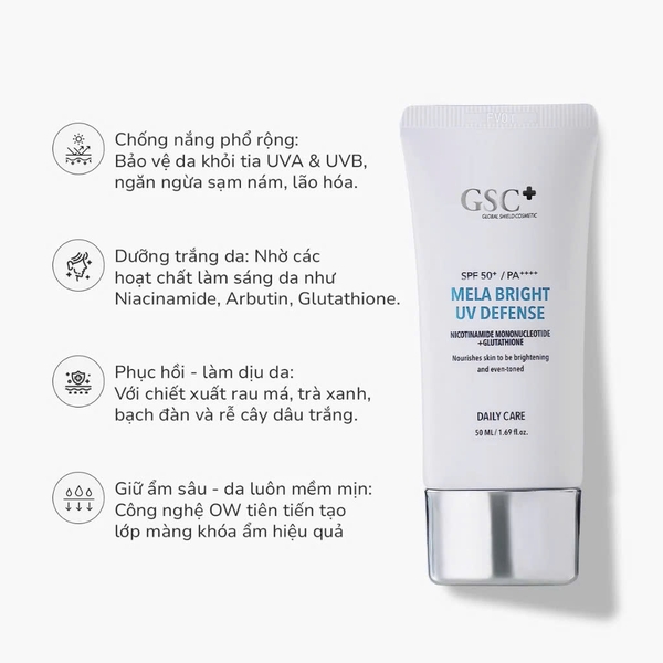 GSC MELA BRIGHT UV DEFENSE SPF 50+/ PA++++: Kem Chống Nắng Phổ Rộng - Dưỡng Sáng & Bảo Vệ Da Nám Toàn Diện
