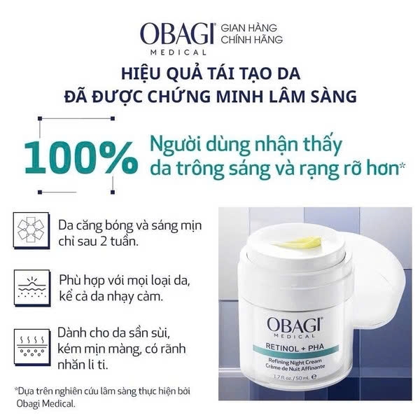 Obagi Medical Retinol + PHA Refining Night Cream: Kem Dưỡng Tái Tạo Da Chuyên Sâu, Làm Mịn Và Đều Màu Da Ban Đêm