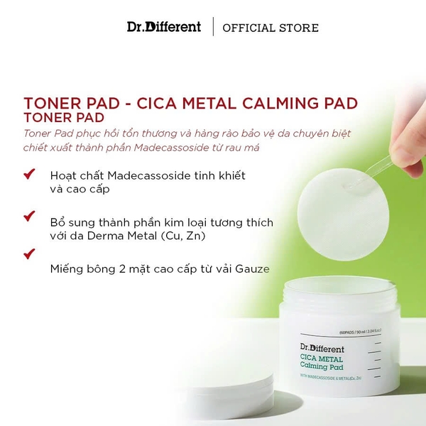 DR.DIFFERENT CICA METAL CALMING PAD – Bông Miếng Thấm Tinh Chất Rau Má Giúp Làm Dịu Da, Giảm Thô Ráp Và Cấp Ẩm Mịn Màng
