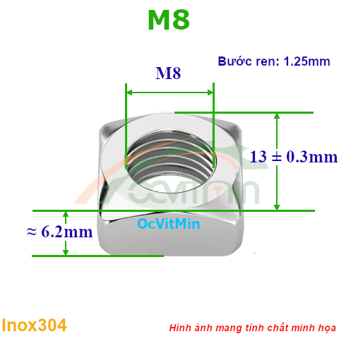 Đai Ốc Vuông M8 Tán Inox304 - Dai Oc Tan Ecu Vuong