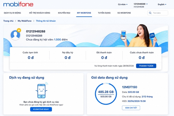 Sim 4G/5G Mobifone 12MDT150 Tặng 500GB Data Tốc Độ Cao/ Tháng - Sim Dành Cho Bộ Phát Wifi