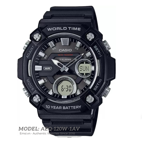 AEQ-120W-1AV | Đồng Hồ Casio | Nam | Dây Nhựa | Pin 10 Năm | Chống Nước WR100M