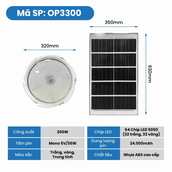 Đèn Ốp Trần Năng Lượng Mặt Trời 300W OP3300 Ba Chế Độ Ánh Sáng