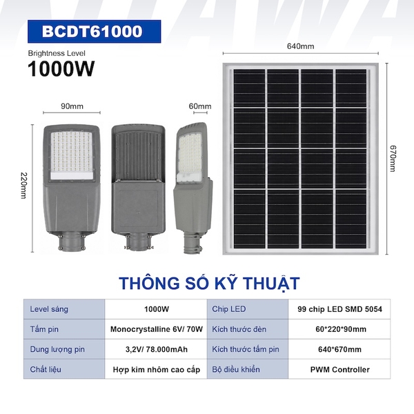 Đèn Đường Công Trình Năng Lượng Mặt Trời 1000W Cao Cấp BCDT61000