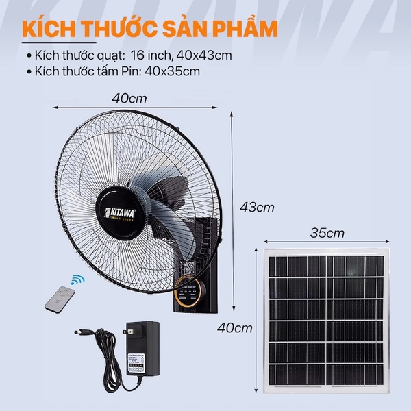 Quạt Treo Tường Năng Lượng Mặt Trời 20W KITAWA Thông Minh - KQ15.20