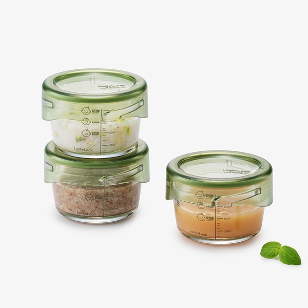 Bộ Hộp Thủy Tinh Đựng Thức Ăn Dặm Cho Bé LocknLock LLG540S3GRN, Hàng Chính Hãng, Vạch Chia - JoyMall
