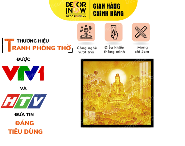 Tranh Trúc Chỉ In Vuông Hình Phật Quan Âm Họa Tiết Sen Trời DECORNOW DCN-TC154