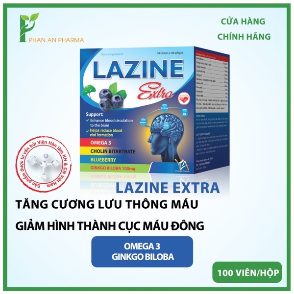 LAZINE EXTRA Hoạt Huyết Dưỡng Não Tăng Tuần Hoàn Lưu Thông Máu Lên Não đau đầu Đau nửa đầu hoa mắt chóng mặt ù tai đau mỏi vai gáy suy giảm trí nhớ thiếu máu lên não rối loạn tiền đình tai biến tắc mạch Nine's Beauty Nines