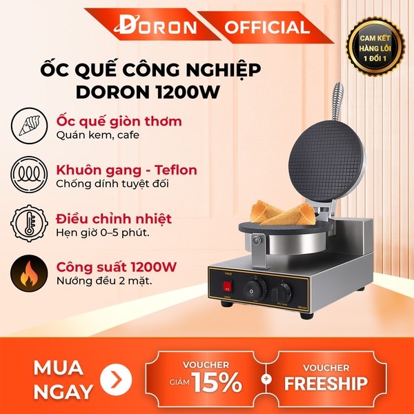 Máy làm bánh ốc quế công nghiệp DORON_130,1200W điều chỉnh 50 - 250 độ, làm nóng nhanh