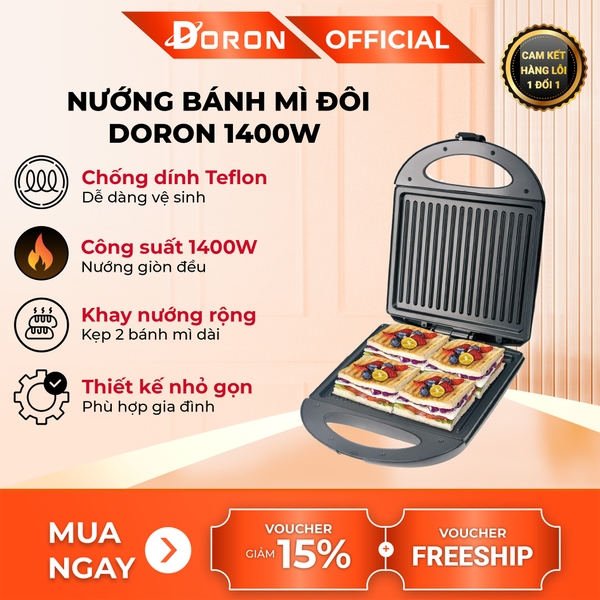 Máy kẹp nướng bánh mì hotdog đôi DORON_ 162  1400W nướng thịt, chiên trứng