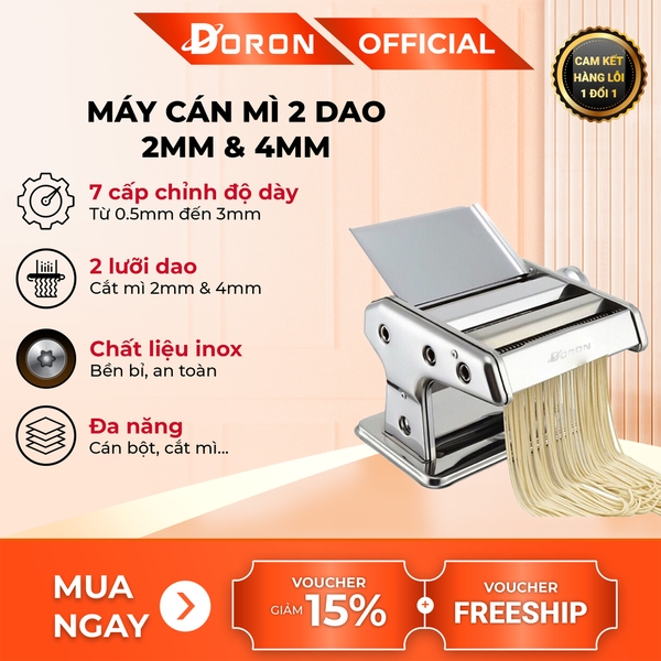 Máy cắt mì sợi DORON , máy cán mỏng bột 2 lưỡi dao có điều chỉnh dày mỏng 5 cấp độ thuận tiện