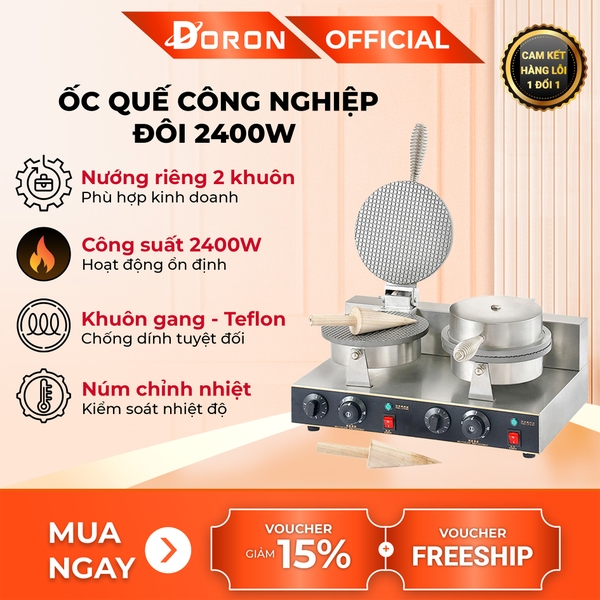 Máy làm bánh ốc quế công nghiệp đôi DORON_131 2400W kiểm soát nhiệt độ chính xác, bánh thơm ngon
