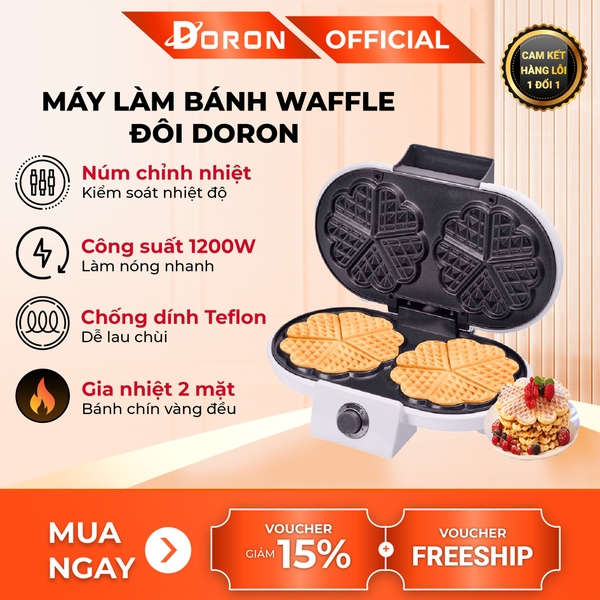 Máy làm bánh waffle đôi DORON 147 1200W điều chỉnh 50 - 250 độ, làm nóng nhanh