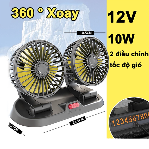 Quạt đôi mini, quạt xe ô tô 10W xoay 360 tiện ích trên xe hơi có bảng số điện thoại