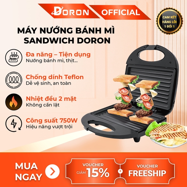 Máy kẹp nướng bánh mì hotdog đơn DORON_ 168, 750W nướng thịt, chiên trứng