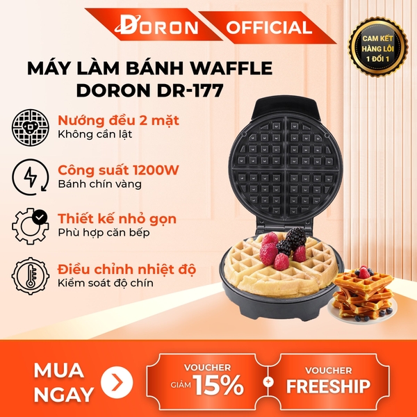 Máy làm bánh waffle bông lan đơn DORON_177, 1200W kiểm soát nhiệt độ chính xác, bánh thơm ngon