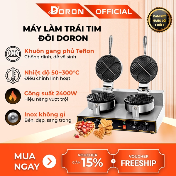 Máy làm bánh waffle công nghiệp đôi DORON_136, nướng bánh kẹp tàn ong khuôn trái tim