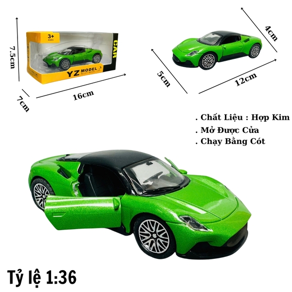 Mô Hình xe Maserati xanh lá 1:36 Hợp kim có thể mở cửa - bánh sau chạy cót - Dài 12cm - rộng 5cm - cao 4cm nặng : 200gram - FULL BOX : box màu SKU : oto310 - N3-K10-T5-S3