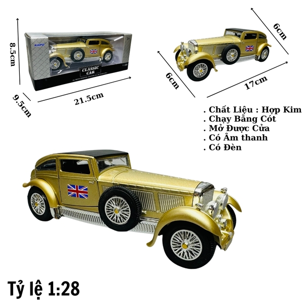 Mô Hình Xe cổ màu vàng đồng 1:28 Hợp kim có thể mở cửa - bánh sau chạy cót - Có tiếng - đèn pha sáng - Dài 17cm - rộng 6cm - cao 6cm - nặng ~ 800gram - FULL BOX : box màu SKU : oto129 - N3-K5-T5-S4