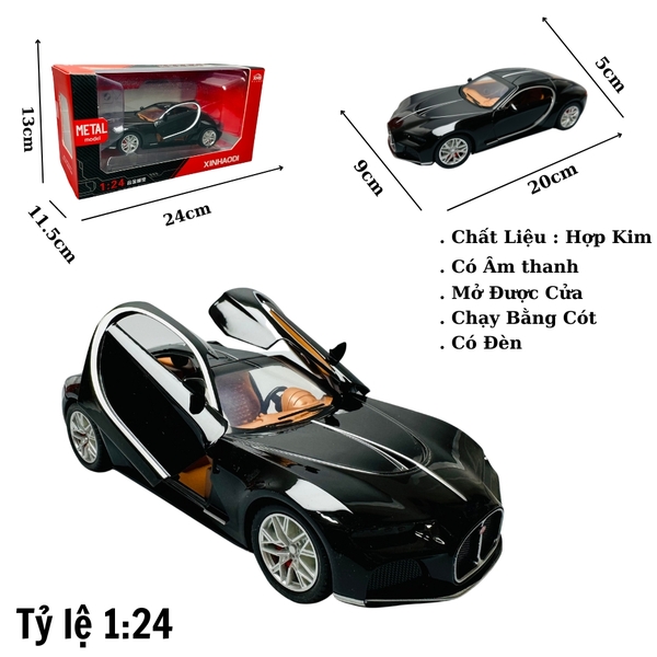 Mô Hình Xe Bugati đen 1.24 Hợp kim có thể mở cửa - bánh sau chạy cót - Có tiếng - đèn pha sáng - Dài 20cm - rộng 9cm - cao 5cm - nặng ~ 1000gram - FULL BOX : box màu SKU : oto172