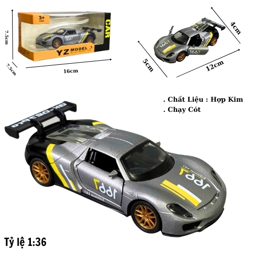 Mô Hình Xe 918 spyder porsche xám đen vạch vàng ,  tỉ lệ 1:36 Hợp kim có thể mở cửa - bánh sau chạy cót - Dài 12cm - rộng 5cm - cao 4cm - nặng : 300gram - FULL BOX : box màu SKU : oto501a - K67-T2-S10